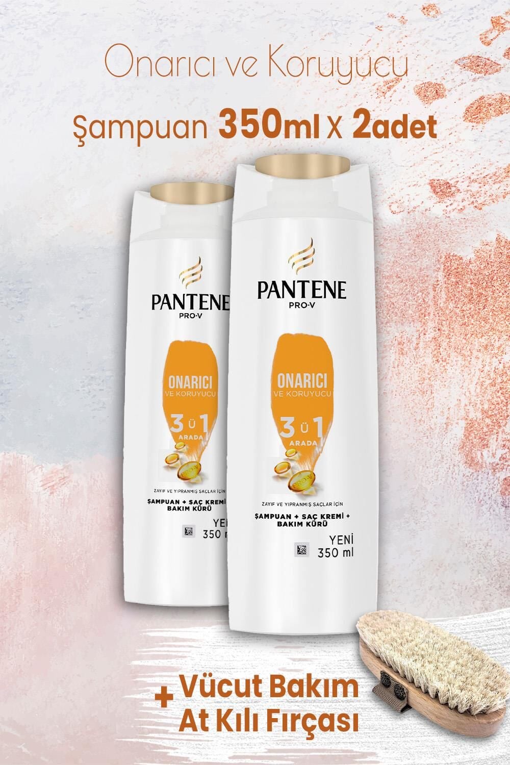Pantene Şampuan Pro-V Onarıcı 3'ü 1 Arada 350 ml x 2 Adet ve Vücut Bakım At Kılı Fırçası