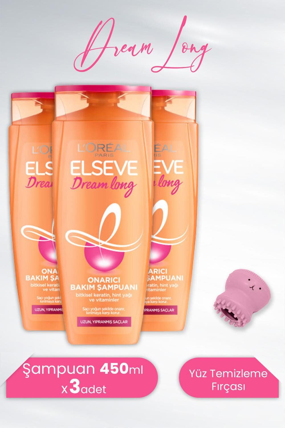 Elseve Dream Long Onarıcı Şampuan 450 ml x 3 Adet ve Tarko Lionesse Yüz Temizleme Fırçası - Pembe