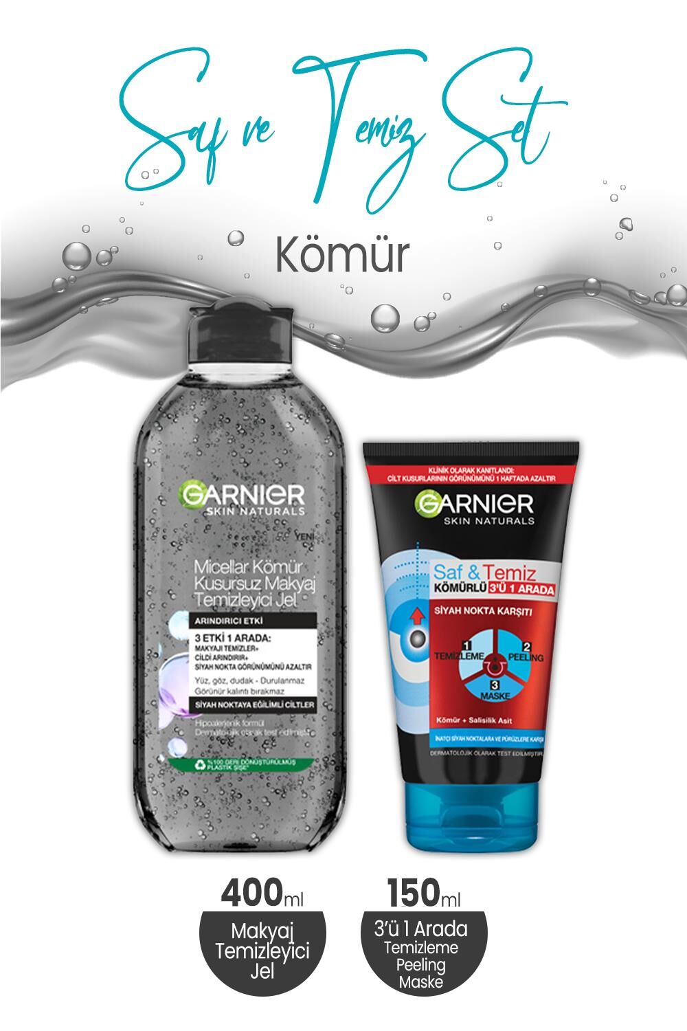 Garnier Kömür Saf & Temiz 3' ü 1 Arada 150 ml ve Micellar Kömür Makyaj Temizleyici Jel 400 ml
