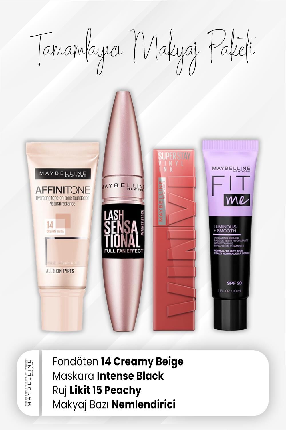 Maybelline New York Affinitone Fondöten 14, Full Fan Maskara Intense Black, Vinyl Ink Ruj 15 Peachy ve Nemlendiren Baz