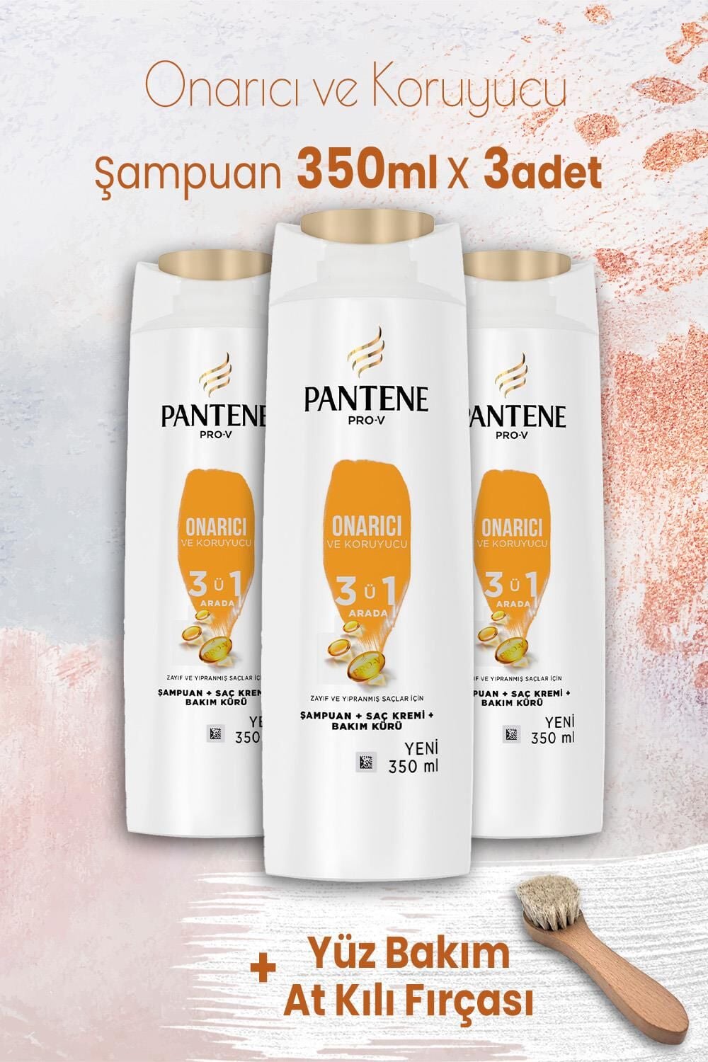 Pantene Şampuan Pro-V Onarıcı 3'ü 1 Arada 350 ml x 3 Adet ve Yüz Bakım At Kılı Fırçası