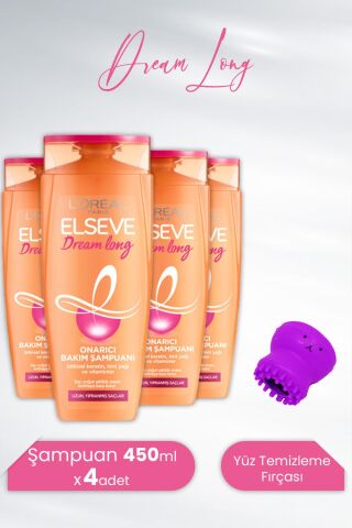 Elseve Dream Long Onarıcı Şampuan 450 ml x 4 Adet ve Tarko Lionesse Yüz Temizleme Fırçası - Mor