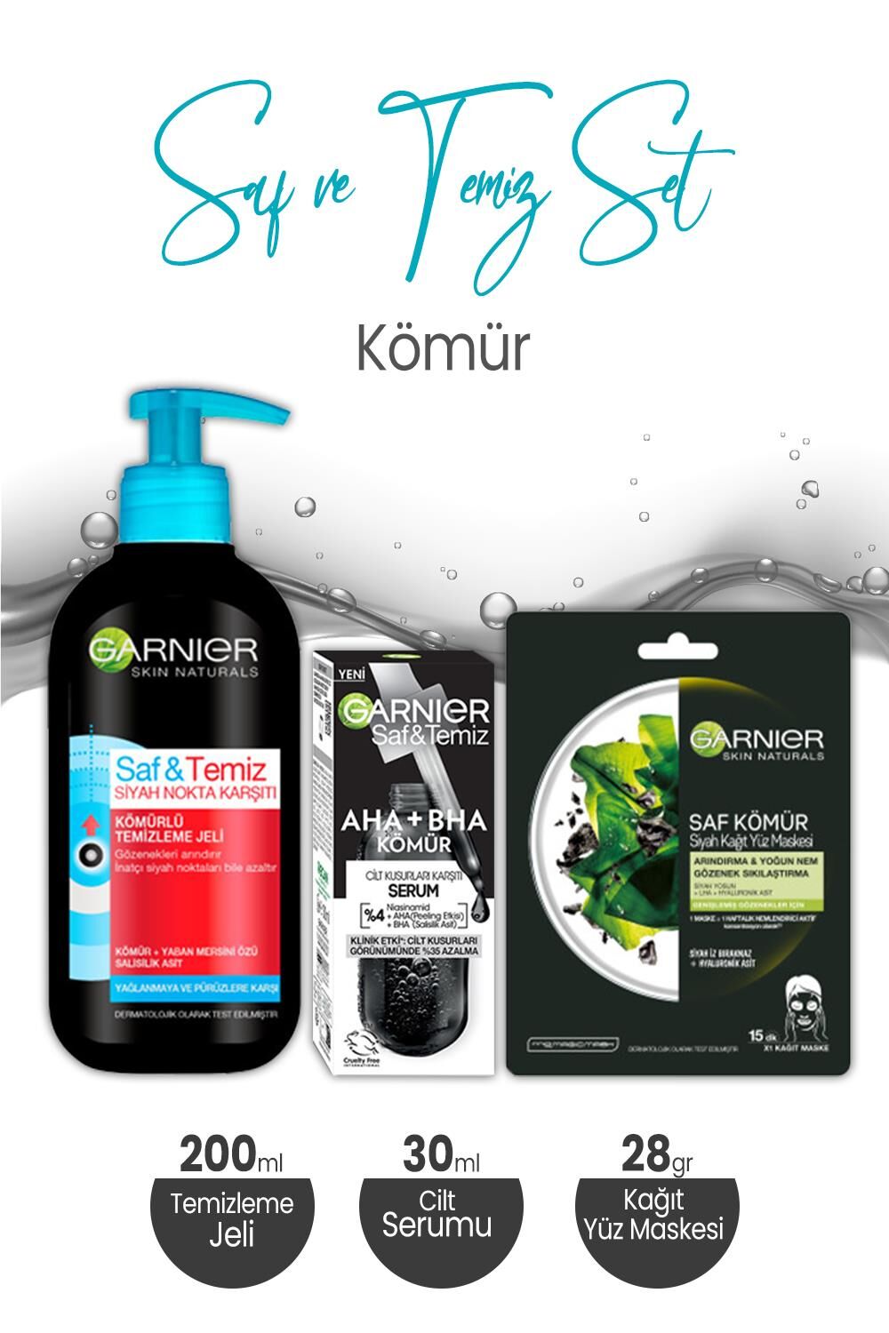 Garnier  Saf & Temiz Kömür Serum 30 ml, Temizleme Jeli 200 ml ve Kağıt Yüz Maskesi 28 gr