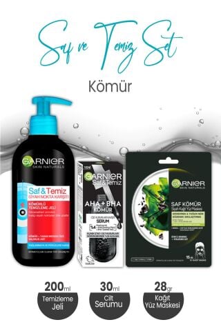 Garnier  Saf & Temiz Kömür Serum 30 ml, Temizleme Jeli 200 ml ve Kağıt Yüz Maskesi 28 gr