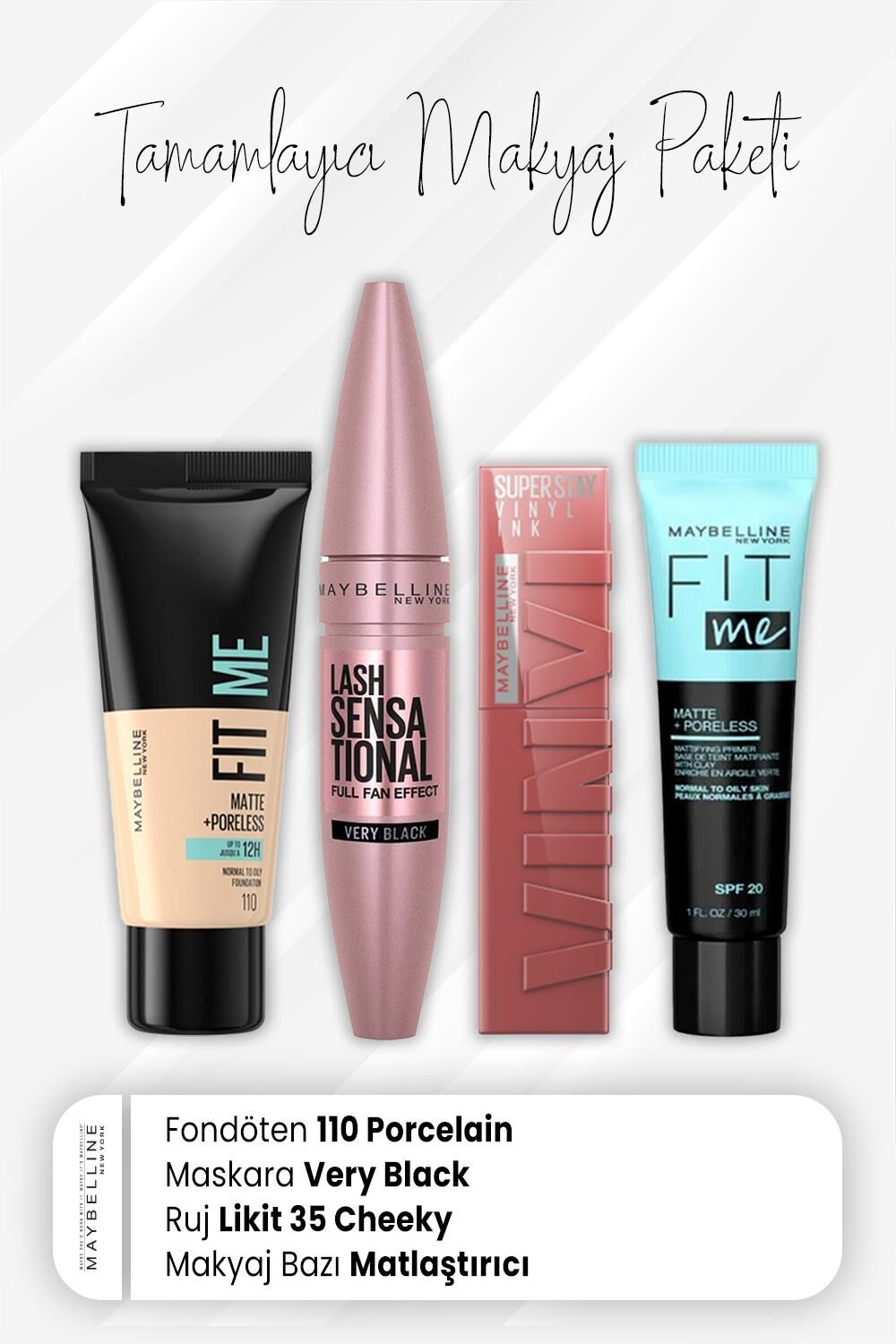 Maybelline New York Fit Me Fondöten 110, Full Fan Maskara Very Black, Vinyl Ink Ruj 35 Cheeky ve Matlaştırıcı Baz