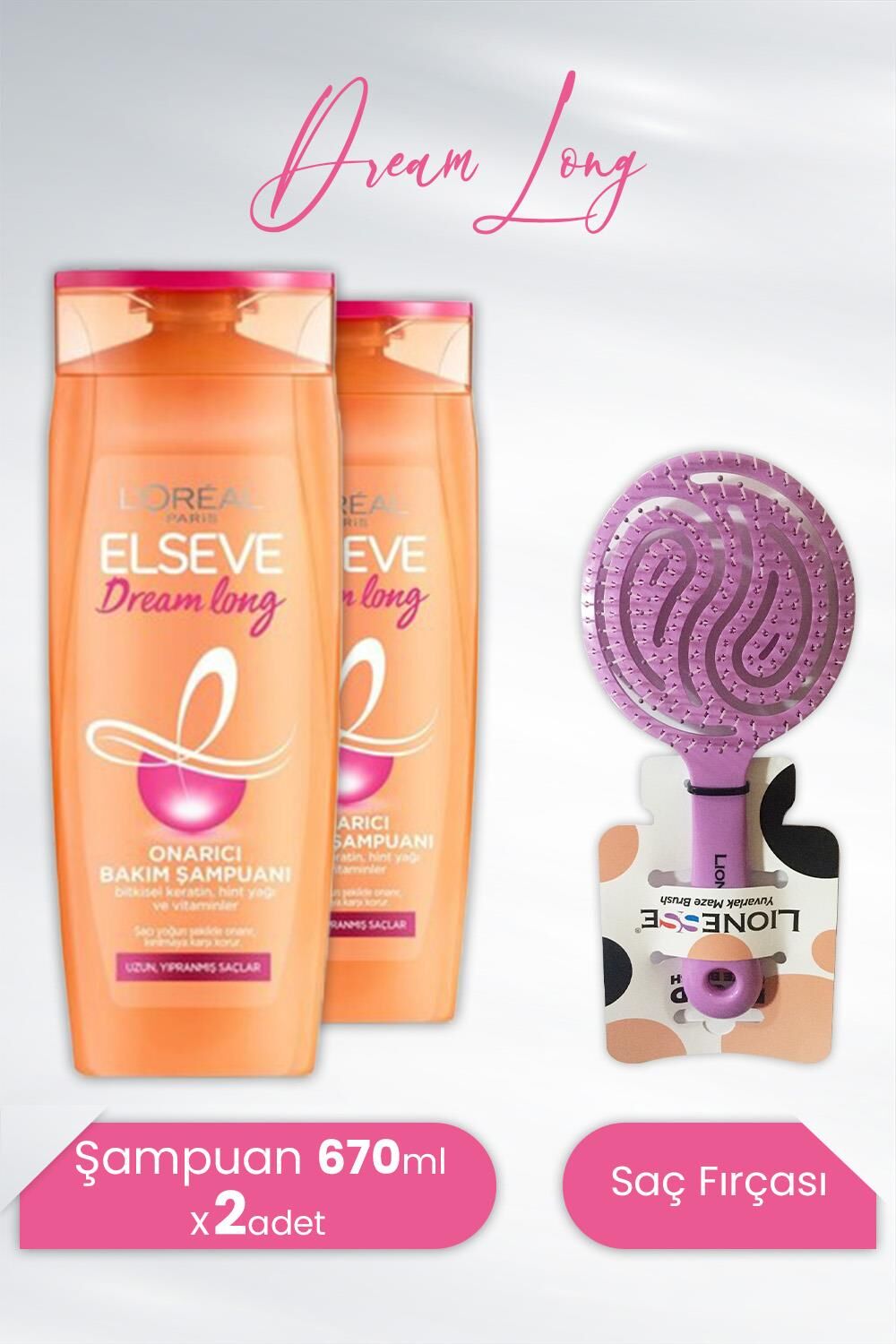 Elseve Dream Long Onarıcı Şampuan 670 ml x 2 Adet ve Tarko Lionesse Saç Fırçası Yuvarlak Mor