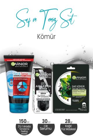 Garnier Saf & Temiz Kömür 3' ü 1 Arada 150 ml, Serum 30 ml ve Kağıt Yüz Maskesi 28 gr