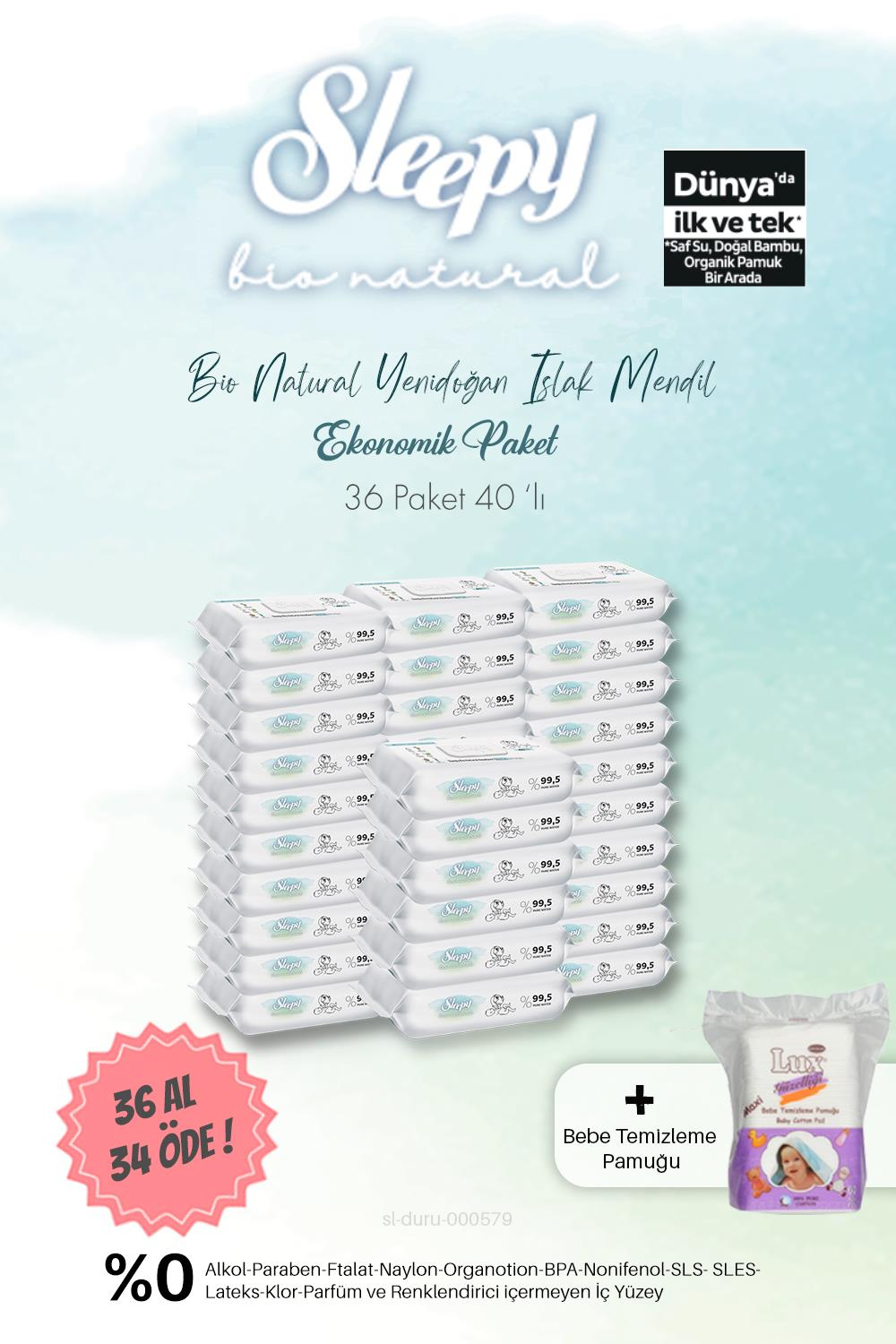 Sleepy Bio Natural Islak Havlu 40'lı  36 AL 34 ÖDE ve Bebe Temizleme Pamuğu