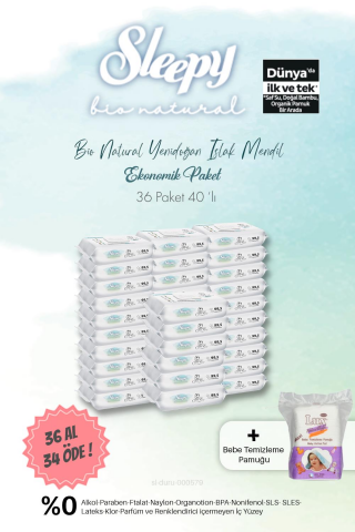 Sleepy Bio Natural Islak Havlu 40'lı  36 AL 34 ÖDE ve Bebe Temizleme Pamuğu