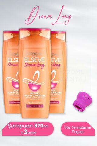 Elseve Dream Long Onarıcı Şampuan 670 ml x 3 Adet ve Tarko Lionesse Yüz Temizleme Fırçası - Koyu Pembe