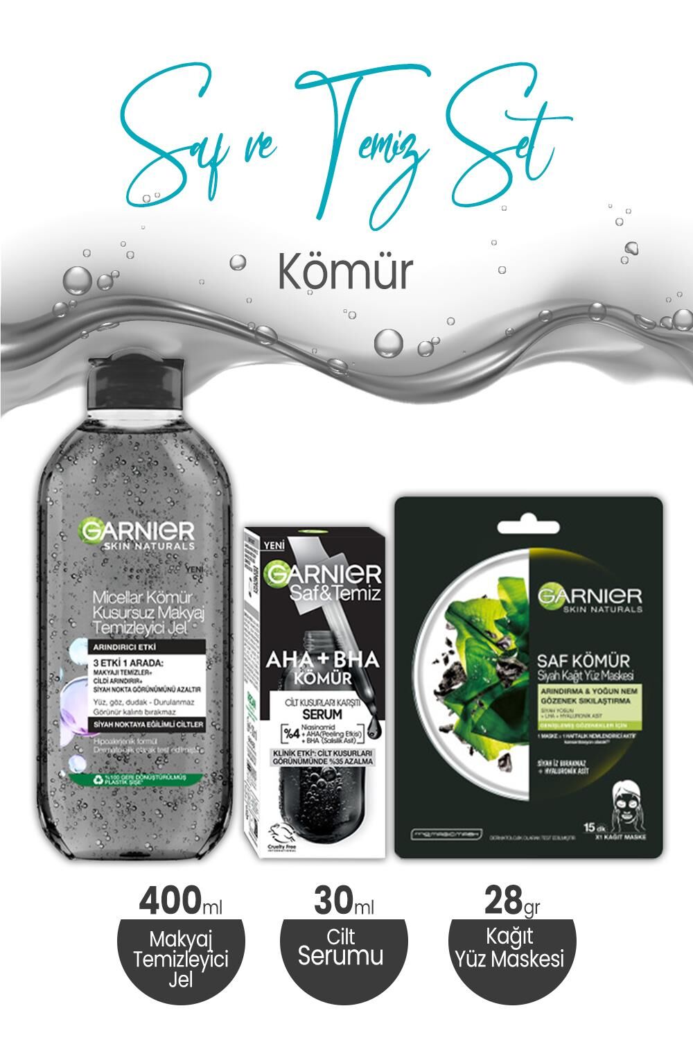 Garnier Micellar Kömür Makyaj Temizleyici Jel 400 ml, Serum 30 ml ve Kağıt Yüz Maskesi 28 gr