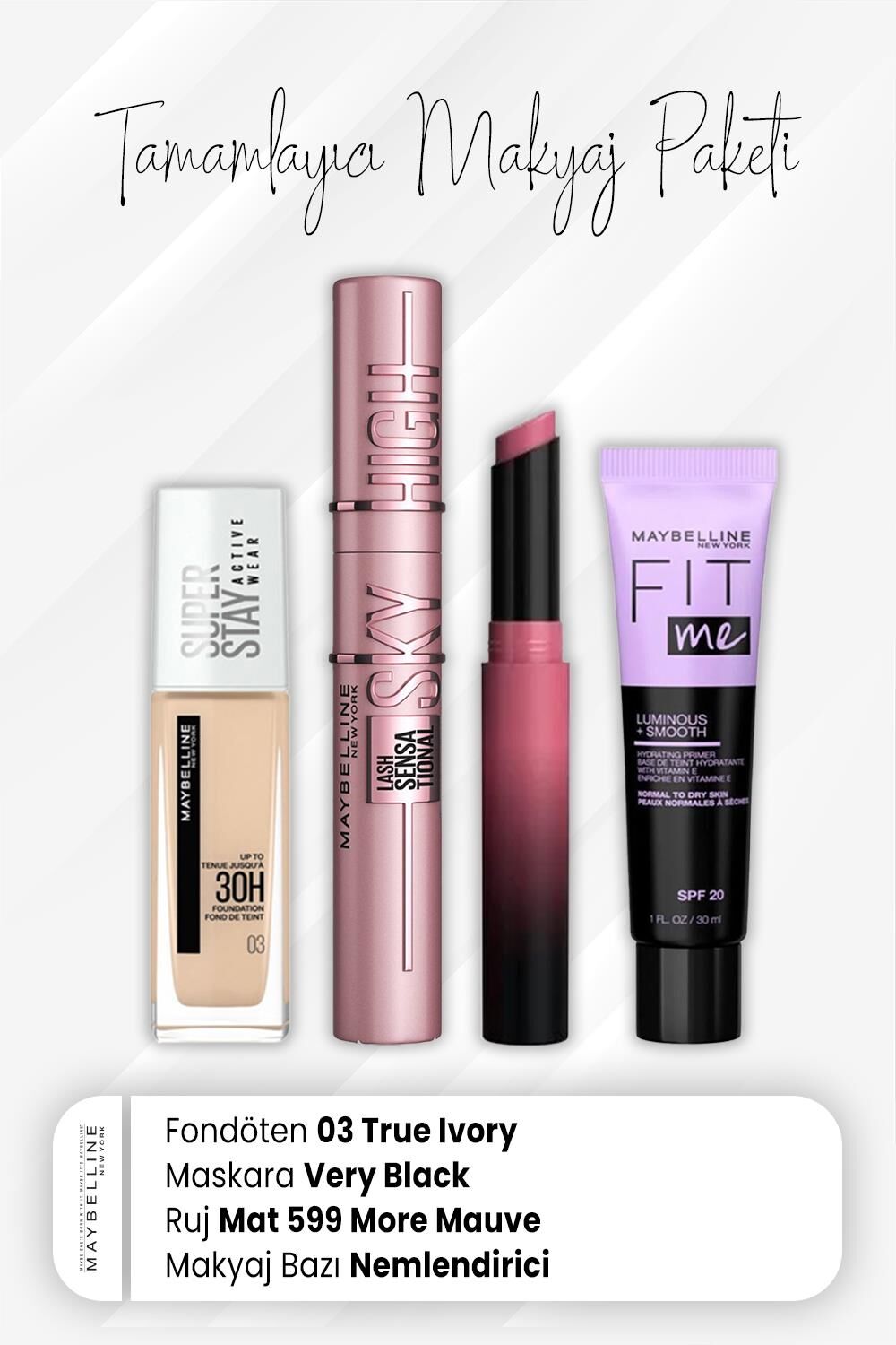 Maybelline New York Super Stay Fondöten 03, Sky High Maskara Very Black, Ultimatte Mat Ruj 599 More Mauve ve Nemlendiren Baz