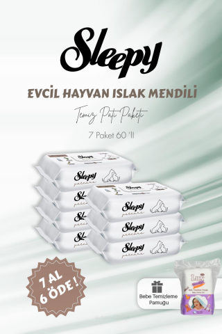 Sleepy 7 AL 6 ÖDE Evcil Hayvan Islak Havlusu 60'lı ve Bebe Temizleme Pamuğu