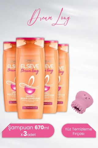 Elseve Dream Long Onarıcı Şampuan 670 ml x 4 Adet ve Tarko Lionesse Yüz Temizleme Fırçası - Pembe