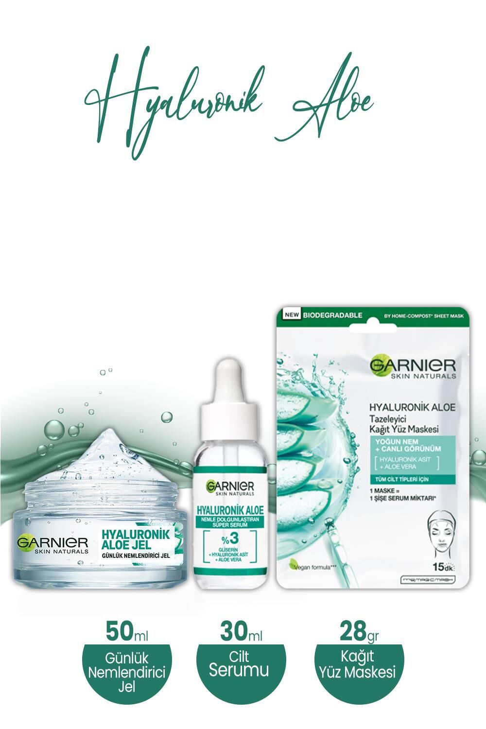 Garnier Hyaluronik Aloe Nemlendirici Jel 50 ml, Kağıt Yüz Maske 28 gr ve Serum 30 ml