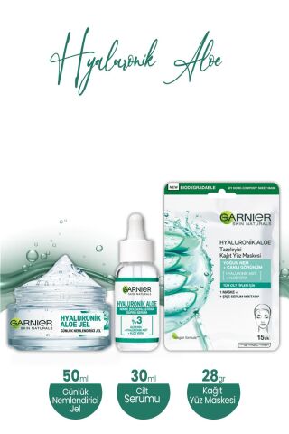 Garnier Hyaluronik Aloe Nemlendirici Jel 50 ml, Kağıt Yüz Maske 28 gr ve Serum 30 ml