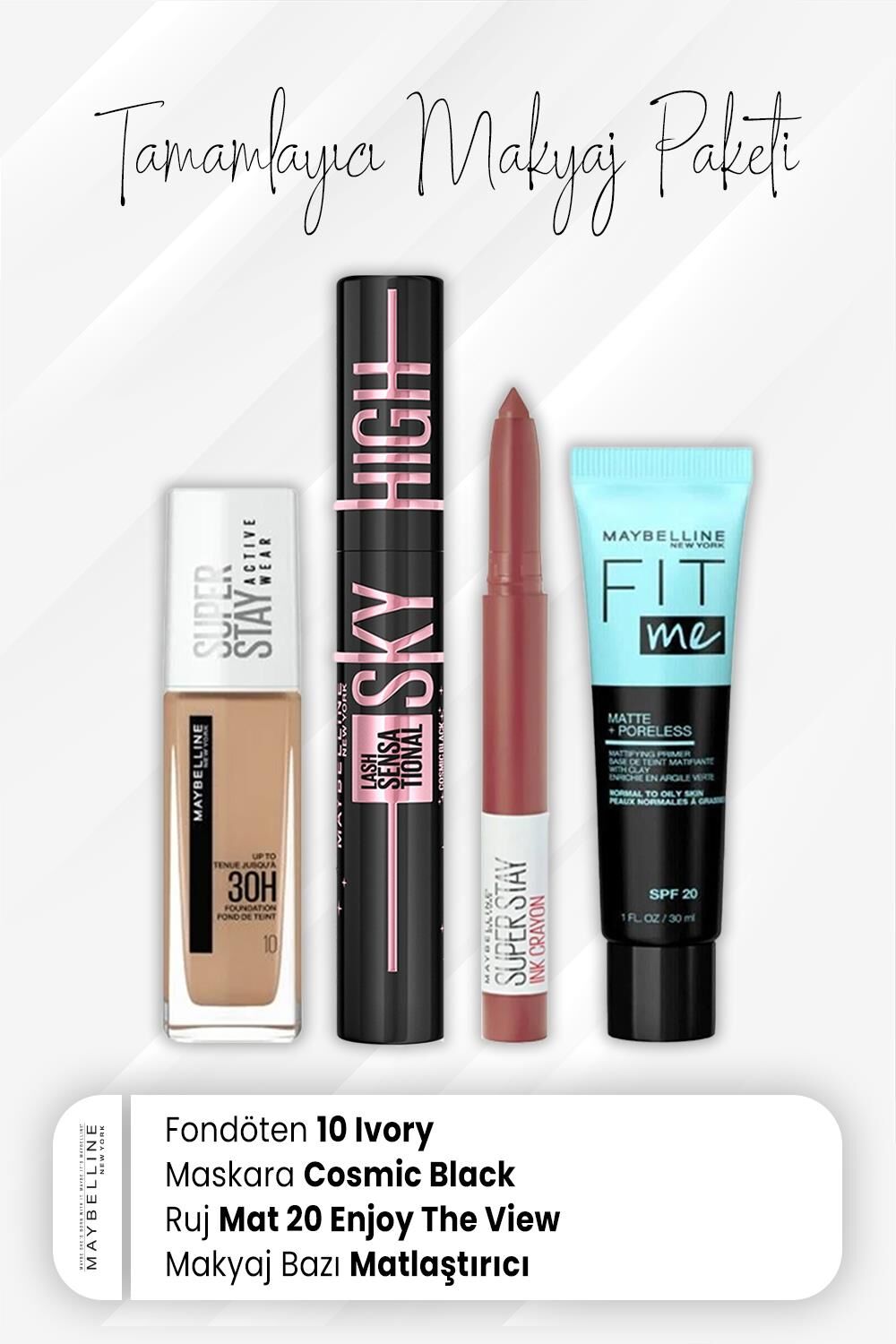 Maybelline New York Super Stay Fondöten 10, Sky High Maskara Cosmic Black, Crayon Mat Ruj 20 Enjoy ve Matlaştırıcı Baz