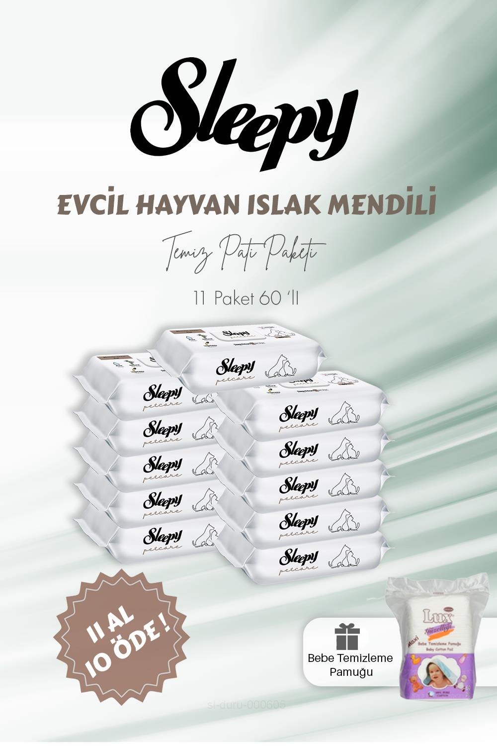 Sleepy 11 AL 10 ÖDE Evcil Hayvan Islak Havlusu 60'lı ve Bebe Temizleme Pamuğu