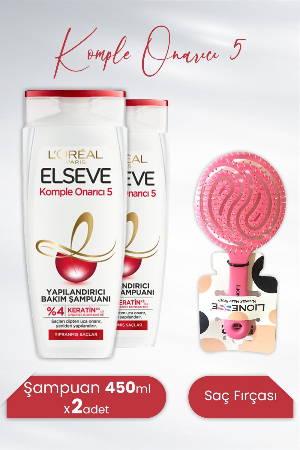 Elseve Komple Onarıcı 5 Yapılandırıcı Şampuan 450 ml x 2 Adet ve Tarko Lionesse Saç Fırçası Yuvarlak Pembe