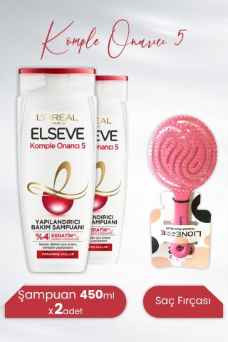 Elseve Komple Onarıcı 5 Yapılandırıcı Şampuan 450 ml x 2 Adet ve Tarko Lionesse Saç Fırçası Yuvarlak Pembe