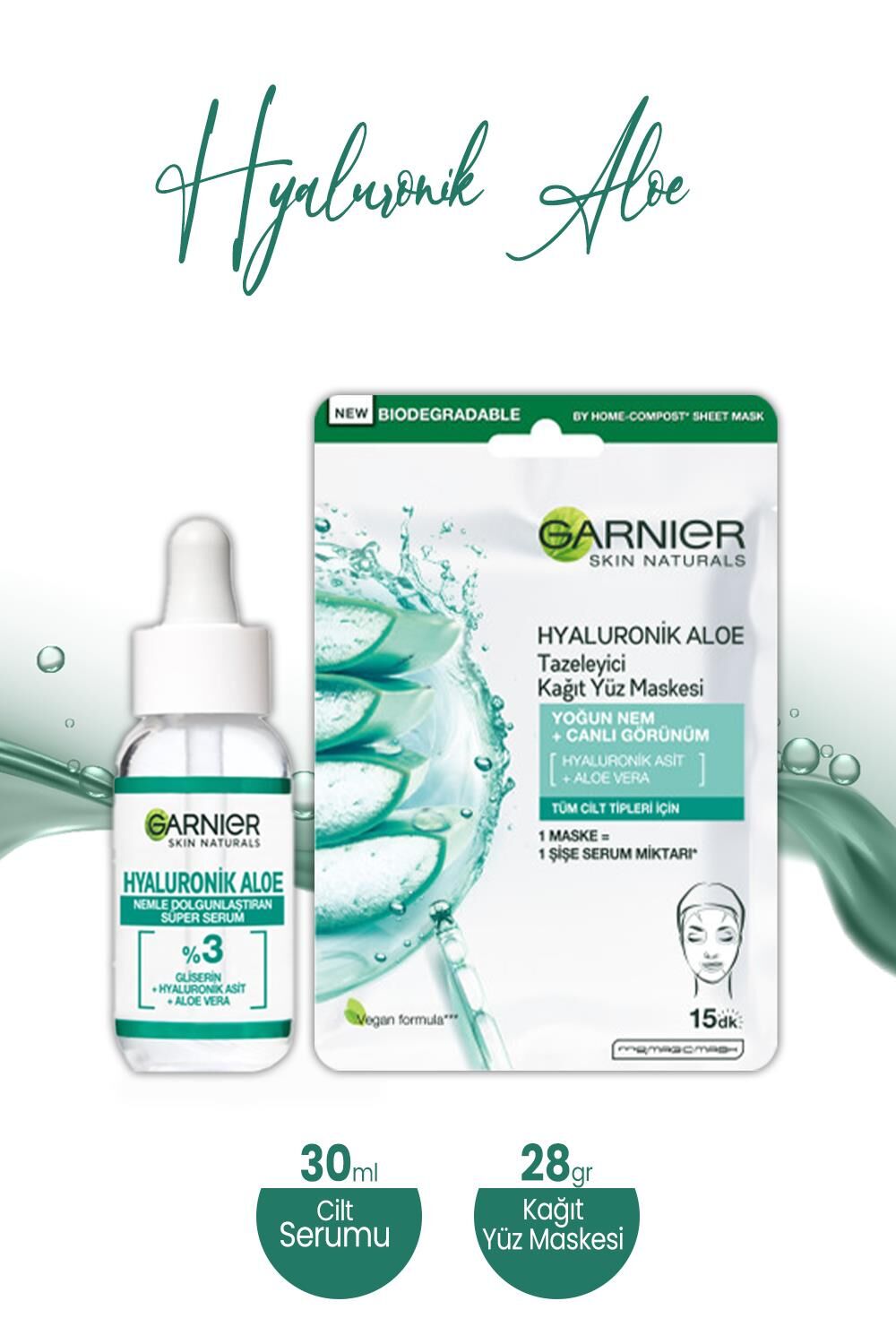 Garnier Hyaluronik Aloe Kağıt Yüz Maskesi Tazeleyici 28 gr ve Dolgunlaştıran Serum 30 ml