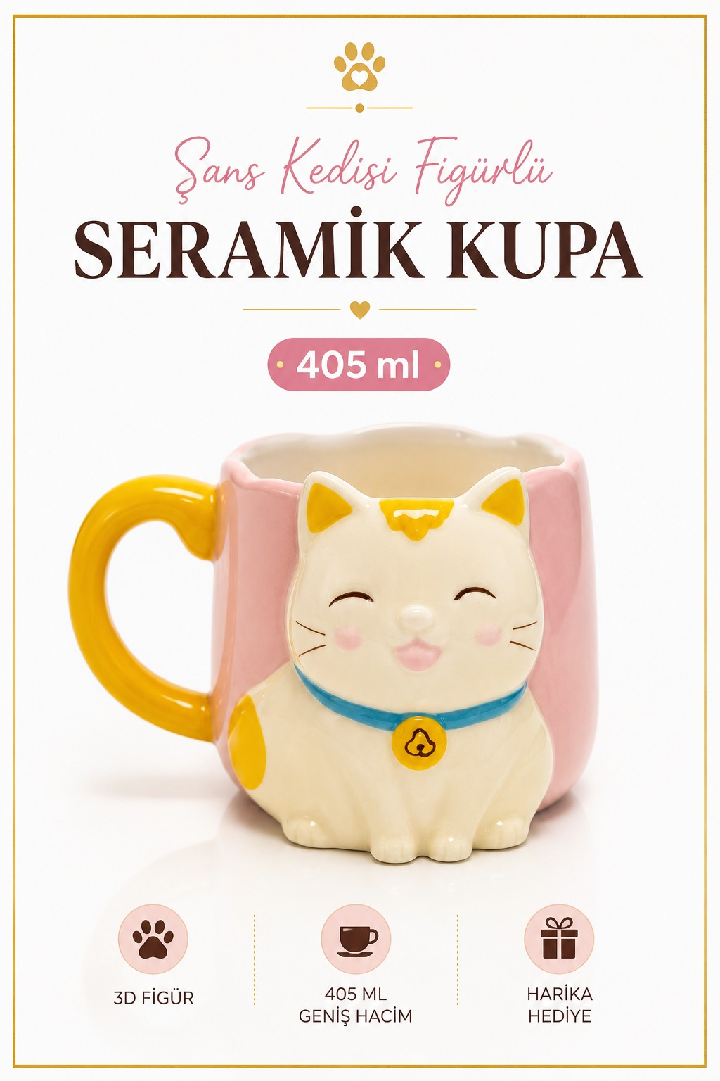 Sarı Kuyruk Detaylı Kulp, Pembe 3D Kedi Figürlü Kupa 405 ml