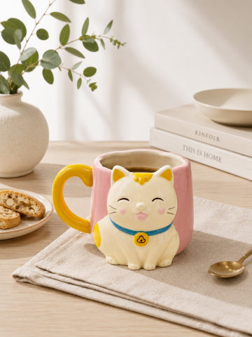 Sarı Kuyruk Detaylı Kulp, Pembe 3D Kedi Figürlü Kupa 405 ml