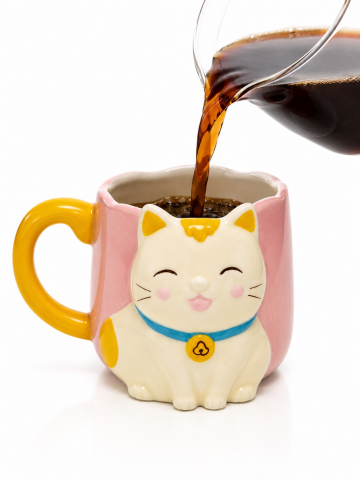 Sarı Kuyruk Detaylı Kulp, Pembe 3D Kedi Figürlü Kupa 405 ml