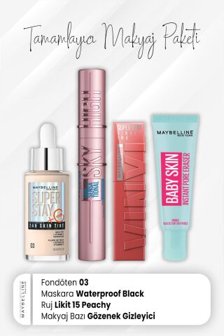 Maybelline New York Super Stay Fondöten 03, Sky High Maskara Waterproof Black, Vinyl Ink Ruj 15 Peachy ve Makyaj Bazı Baby