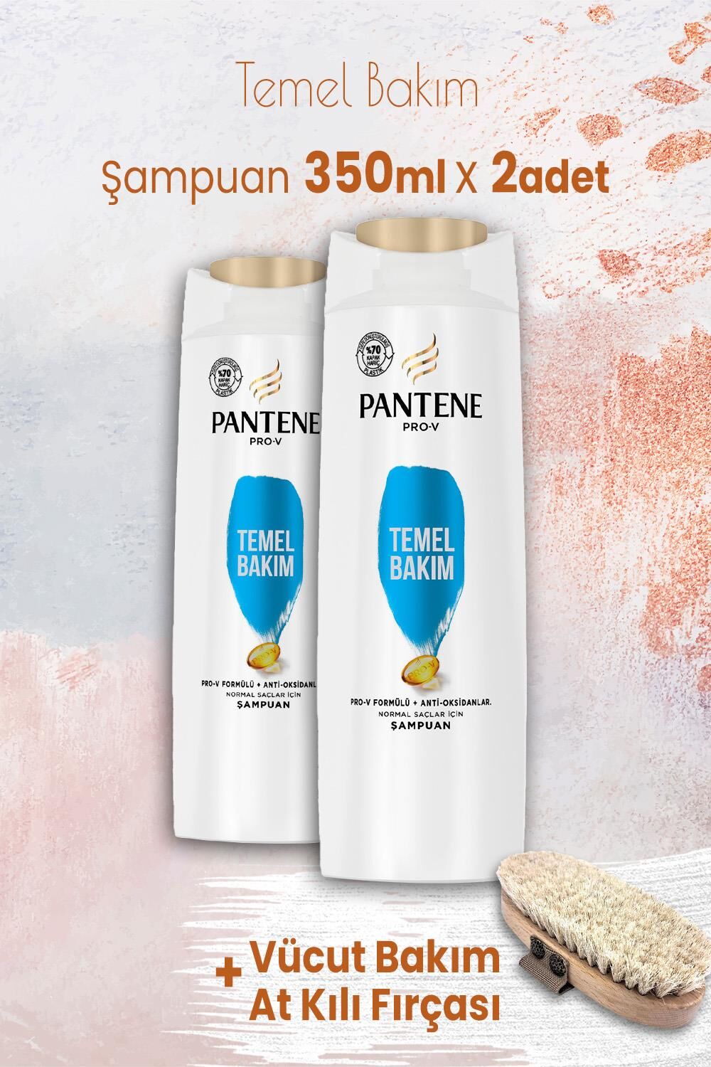 Pantene Şampuan Pro-V Temel Bakım 350 ml x 2 Adet ve Vücut Bakım At Kılı Fırçası