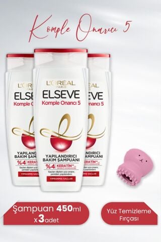 Elseve Komple Onarıcı 5 Yapılandırıcı Şampuan 450 ml x 3 Adet ve Tarko Lionesse Yüz Temizleme Fırçası Pembe