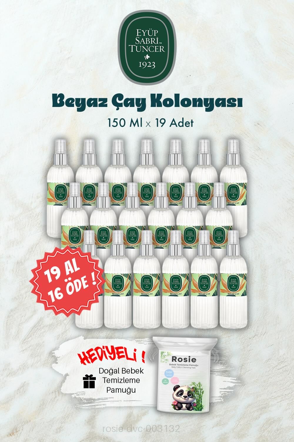 19 AL 16 ÖDE 150 ML Beyaz Çay Kolonyası ve ROSIE Hediye