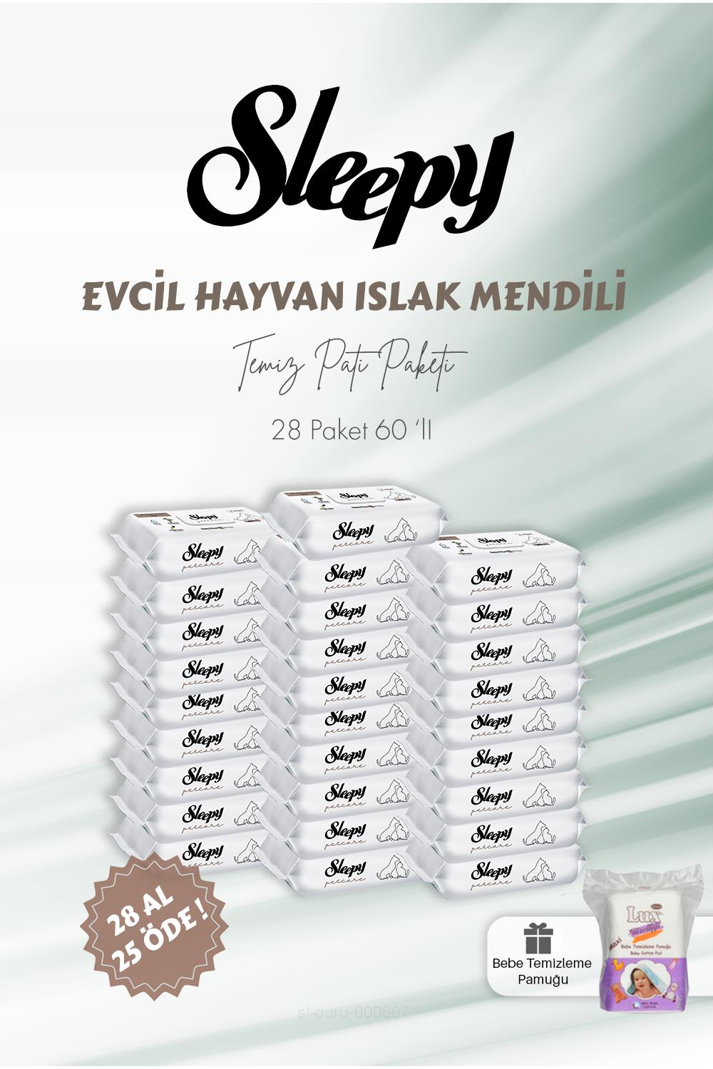 Sleepy 28 AL 25 ÖDE Evcil Hayvan Islak Havlusu 60'lı ve Bebe Temizleme Pamuğu