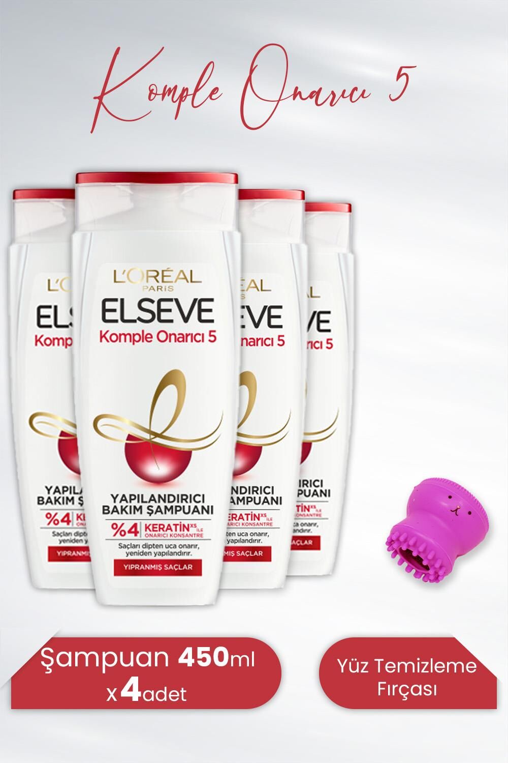 Elseve Komple Onarıcı 5 Yapılandırıcı Şampuan 450 ml x 4 Adet ve Tarko Lionesse Yüz Temizleme Fırçası - Koyu Pembe