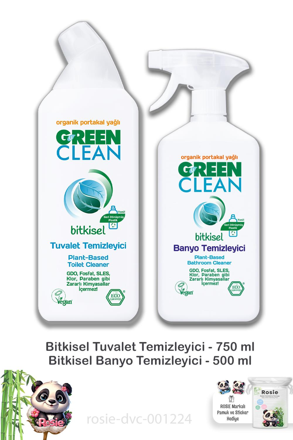 Green Clean Bitkisel Banyo Temizleyici 500 ml, Tuvalet Temizleyici 750 ml ve ROSIE