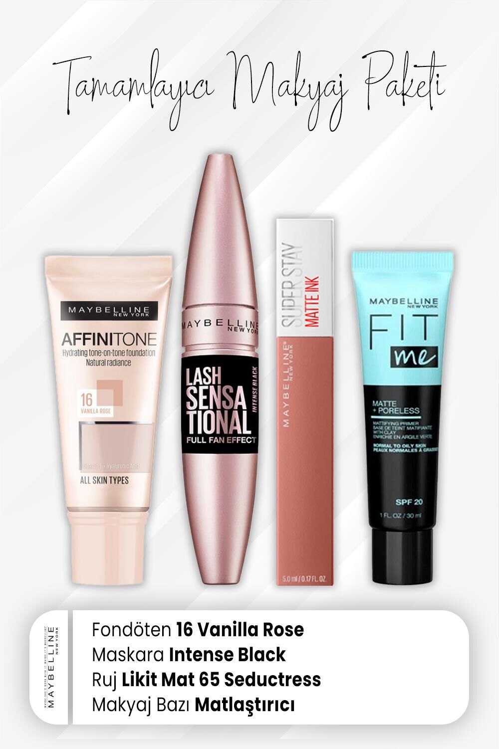 Maybelline New York Affinitone Fondöten 16, Full Fan Maskara Intense Black, Matte Ink Ruj 65 Seductress ve Matlaştırıcı Baz