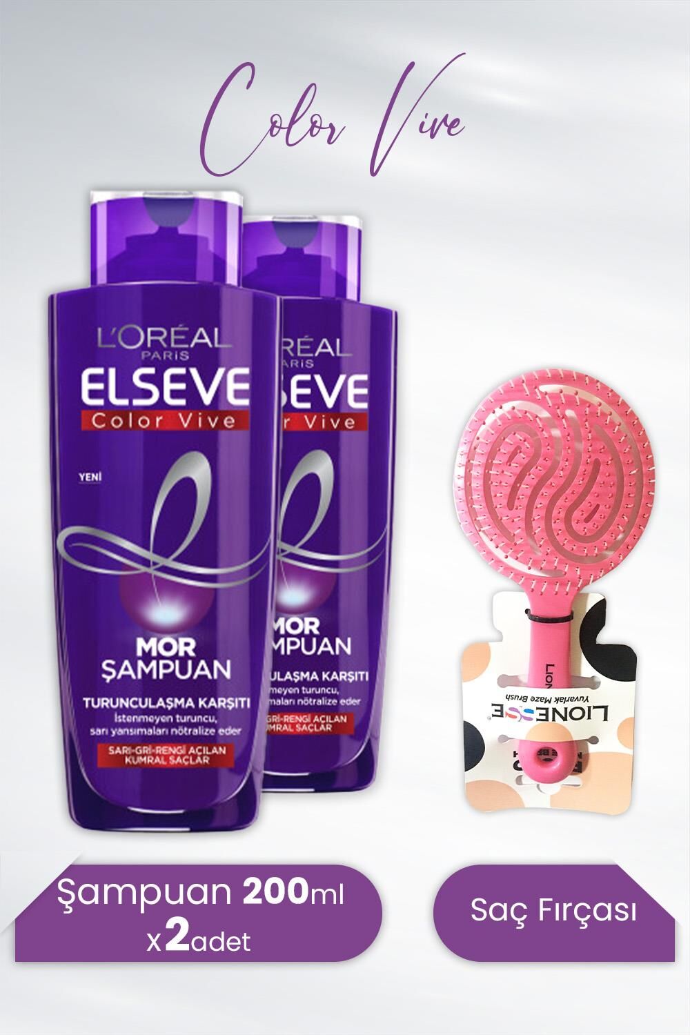 Elseve Color Vive Mor Şampuan Turunculaşma Karşıtı 200 ml x 2 Adet ve Tarko Lionesse Saç Fırçası Yuvarlak Pembe