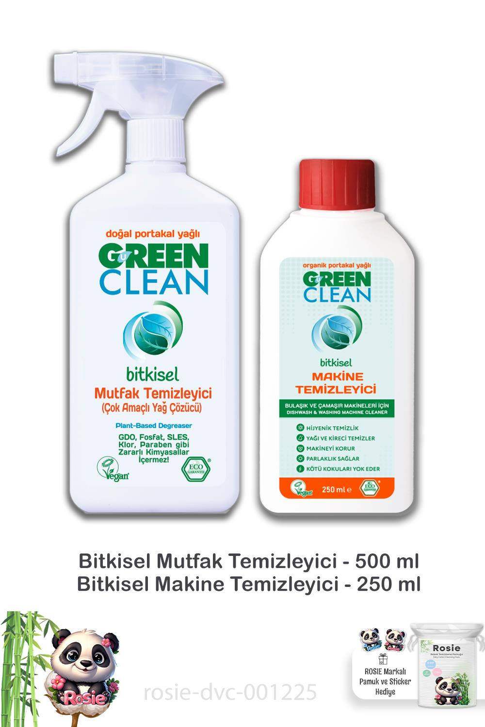 Green Clean Bulaşık & Çamaşır Makinesi Temizleyici 250 ml,Mutfak Temizleyici 500 ml ve ROSIE