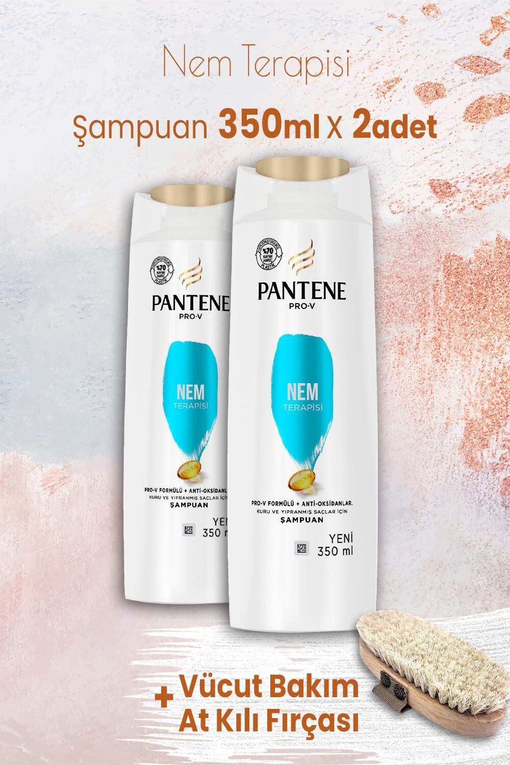 Pantene Şampuan Pro-V Nem Terapisi 350 ml x 2 Adet ve Vücut Bakım At Kılı Fırçası