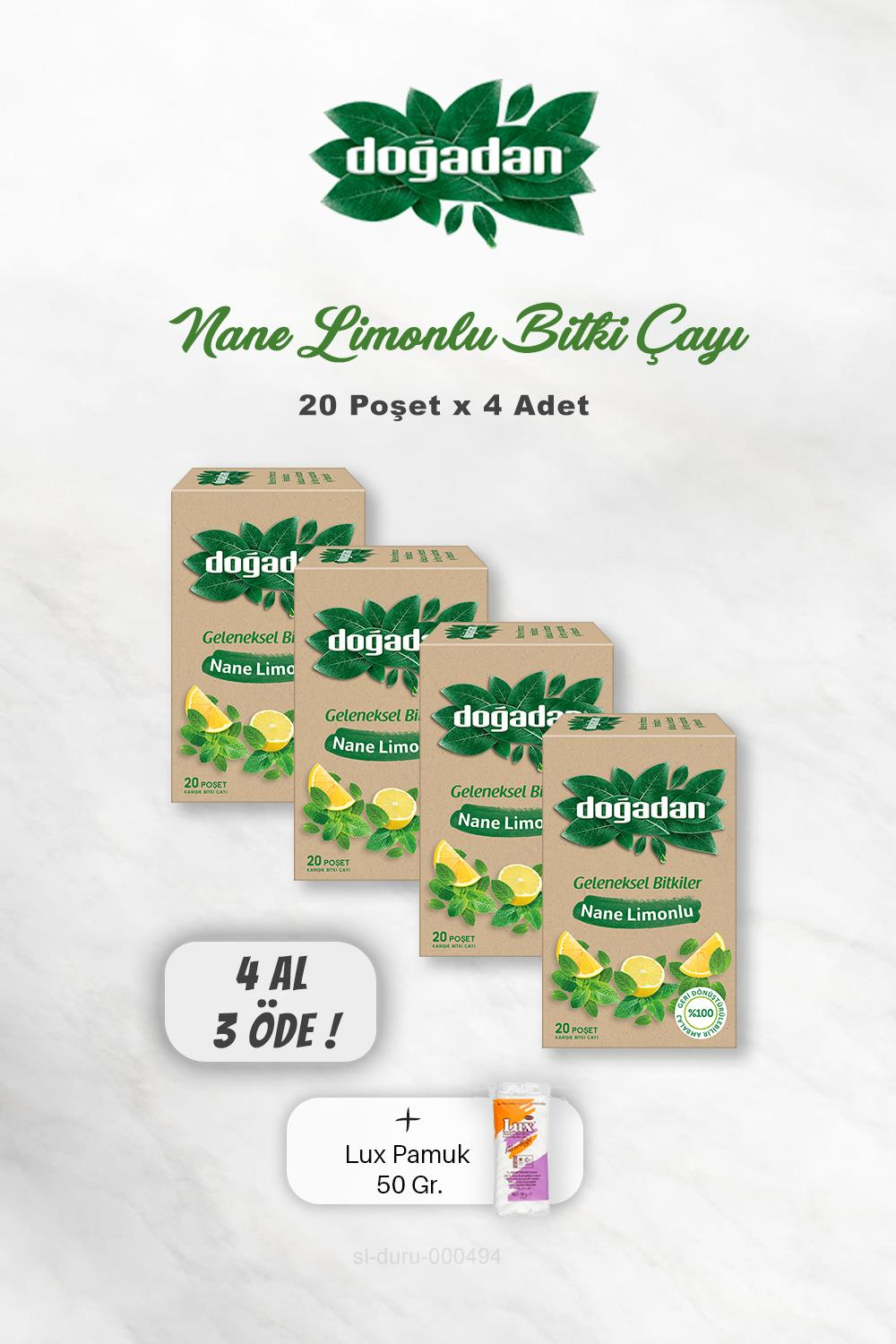 4 AL 3 ÖDE Doğadan Nane Limonlu Bitki Çayı 20'li, Pamuk