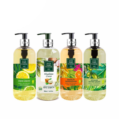 Düvenci Toptan Eyüp Sabri Tuncer Hindistan Cevizi, Çeşme Limonu, Zeytin Çiçeği ve Bodrum Mandalinası Sıvı Sabun Seti 4' lü Paket 500 ML