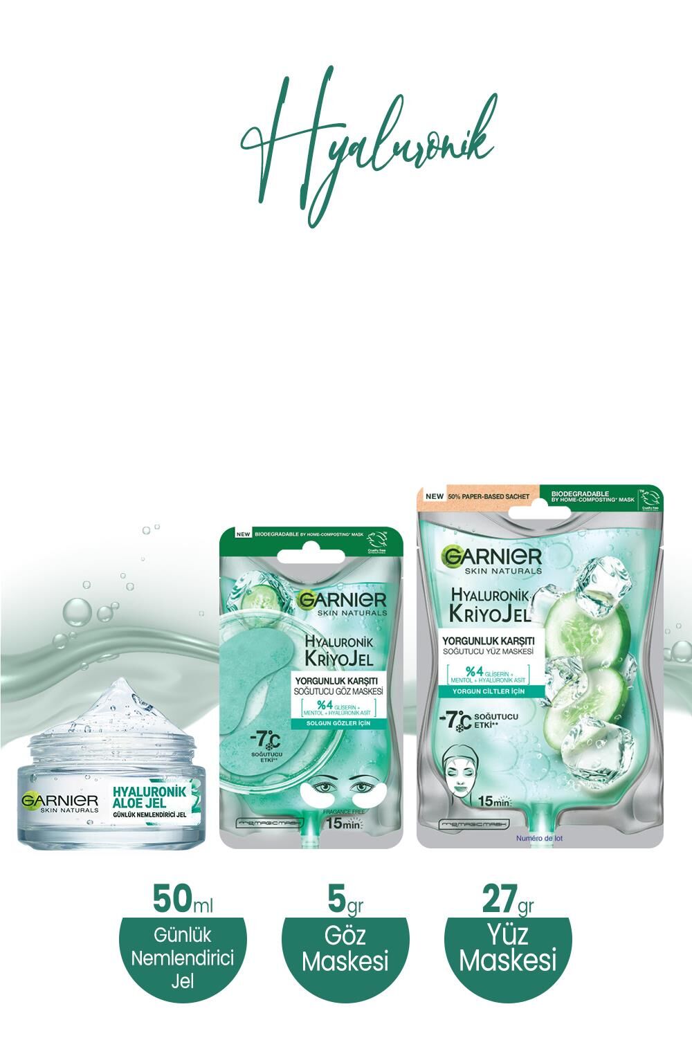 Garnier Hyaluronik Aloe Nemlendirici Jel 50 ml,Soğutucu Göz Maskesi 5 gr ve Yüz Maskesi 27 gr