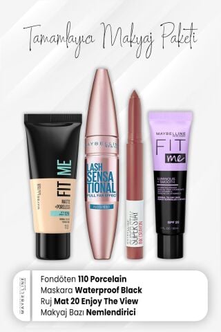 Maybelline New York Fit Me Fondöten 110, Waterproof Maskara Black, Crayon Mat Ruj 20 Enjoy ve Nemlendiren Baz