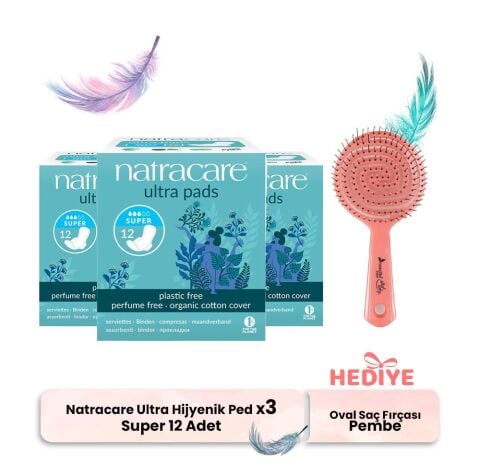 Natracare Ultra Hijyenik Ped Super 12'li x 3, Oval Pembe Saç Fırçası Hediyeli