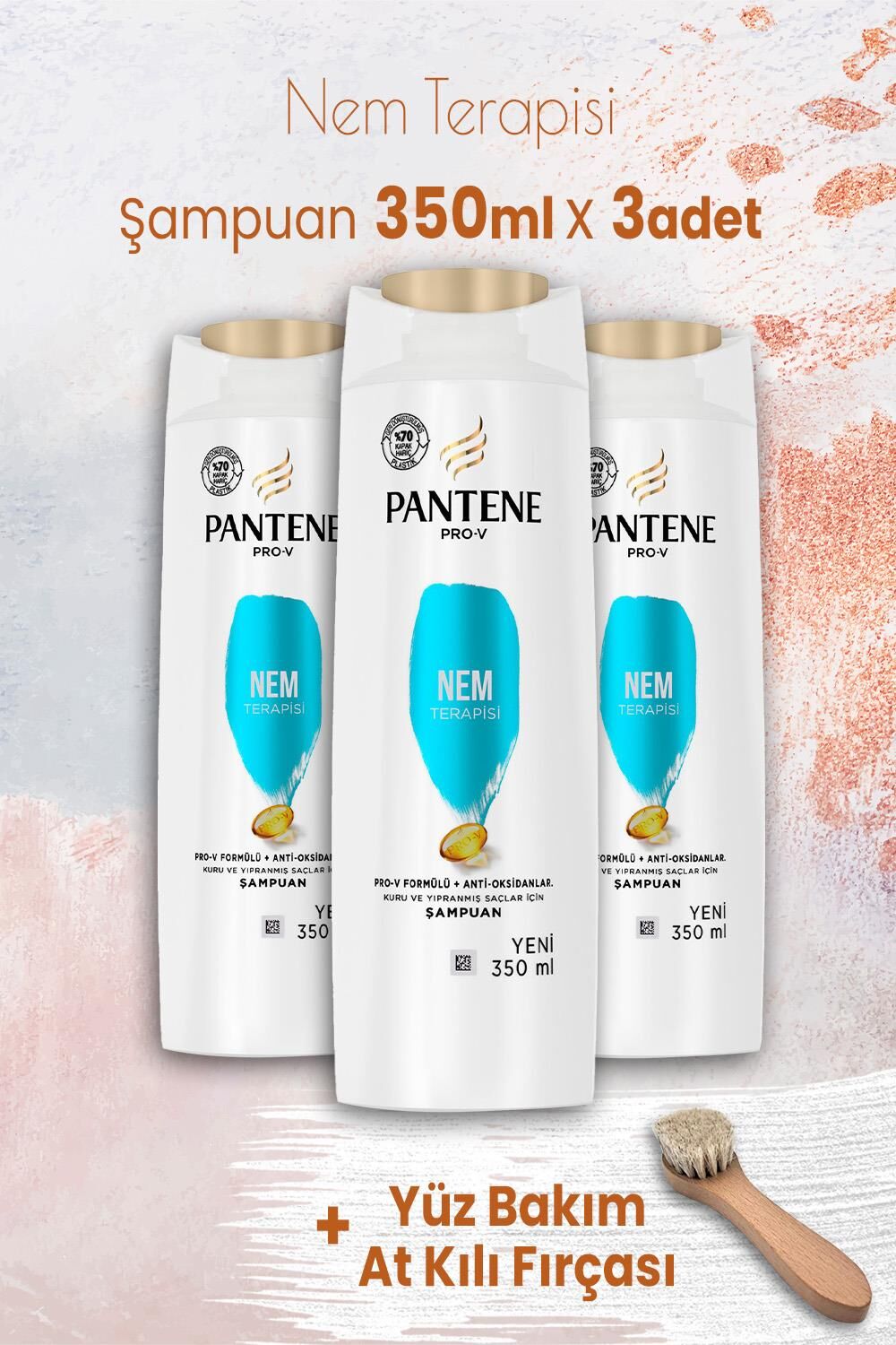 Pantene Şampuan Pro-V Nem Terapisi 350 ml x 3 Adet ve Yüz Bakım At Kılı Fırçası