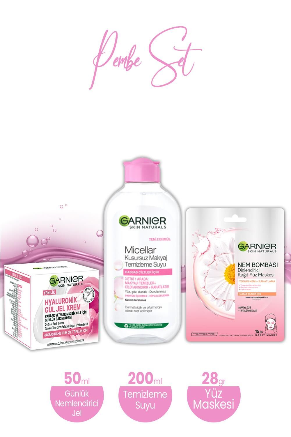 Garnier  Nem Bombası Kağıt Yüz Maskesi 28 gr, Makyaj Temizleme Suyu 200 ml ve Hyaluronik Gül Jel Krem 50 ml