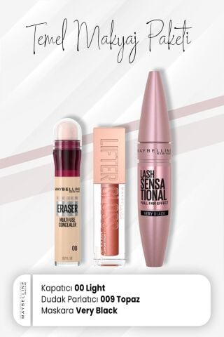 Maybelline New York Eraser Kapatıcı 00, Maskara Very Black ve Dudak Parlatıcı 009 Topaz