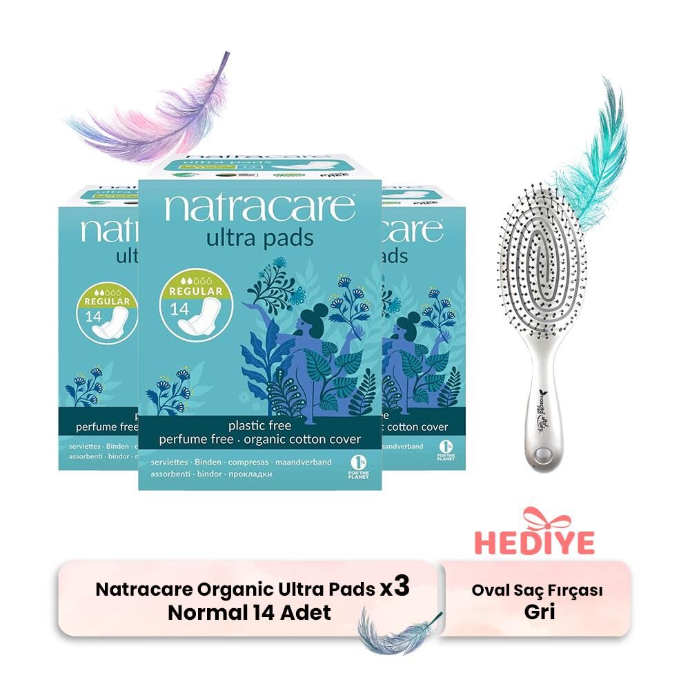 Natracare Organic Cotton Cover Ultra Pads 14' lü x 3, 3D Saç Fırçası Gri Hediyeli