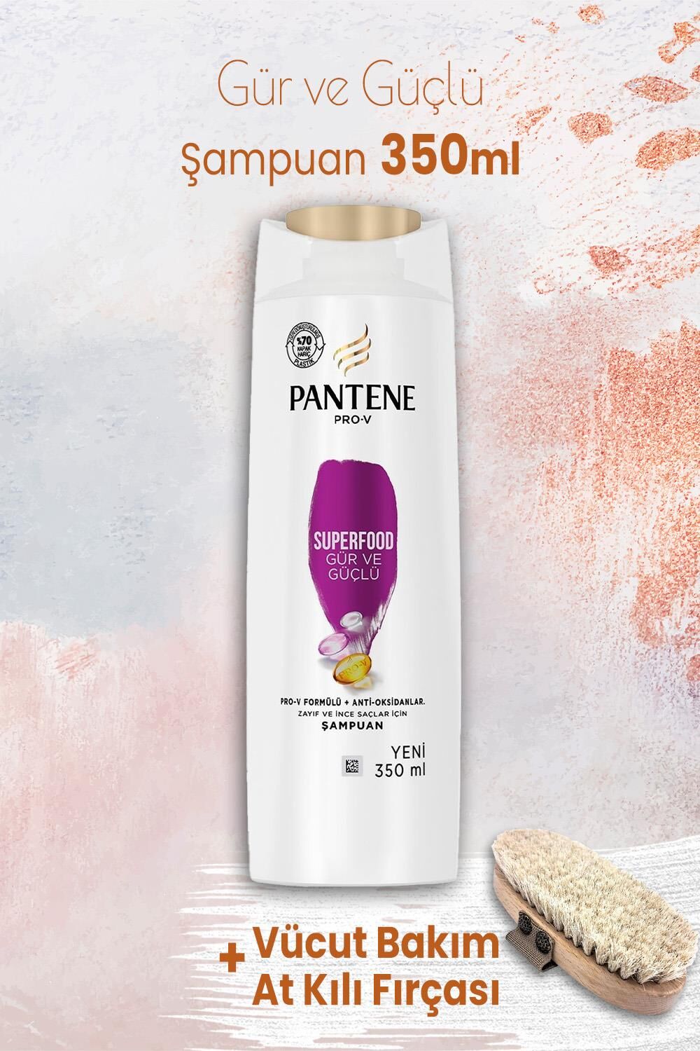 Pantene Şampuan Pro-V Superfood Gür ve Güçlü 350 ml ve Vücut Bakım At Kılı Fırçası