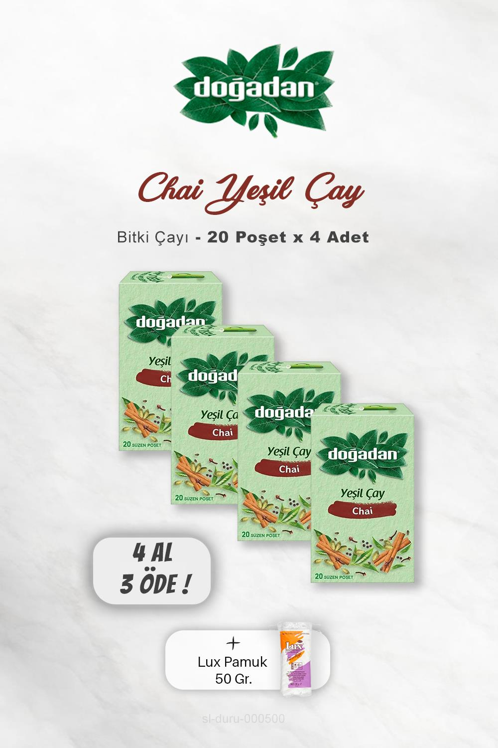 4 AL 3 ÖDE Doğadan Yeşil Çay Chai Poşet Bardak Çay, Pamuk